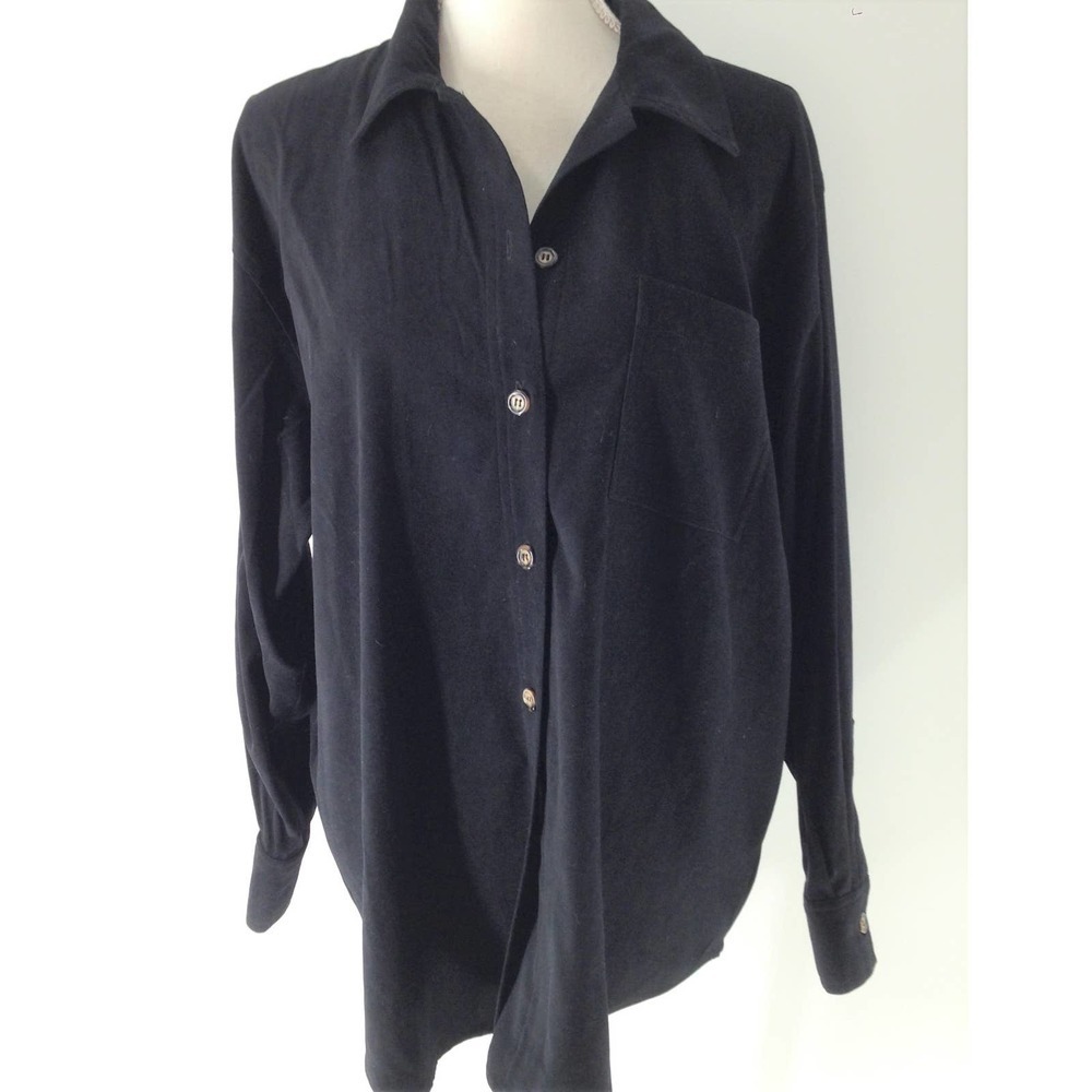 Talbots Black Button Down Velour Blouse Size Large